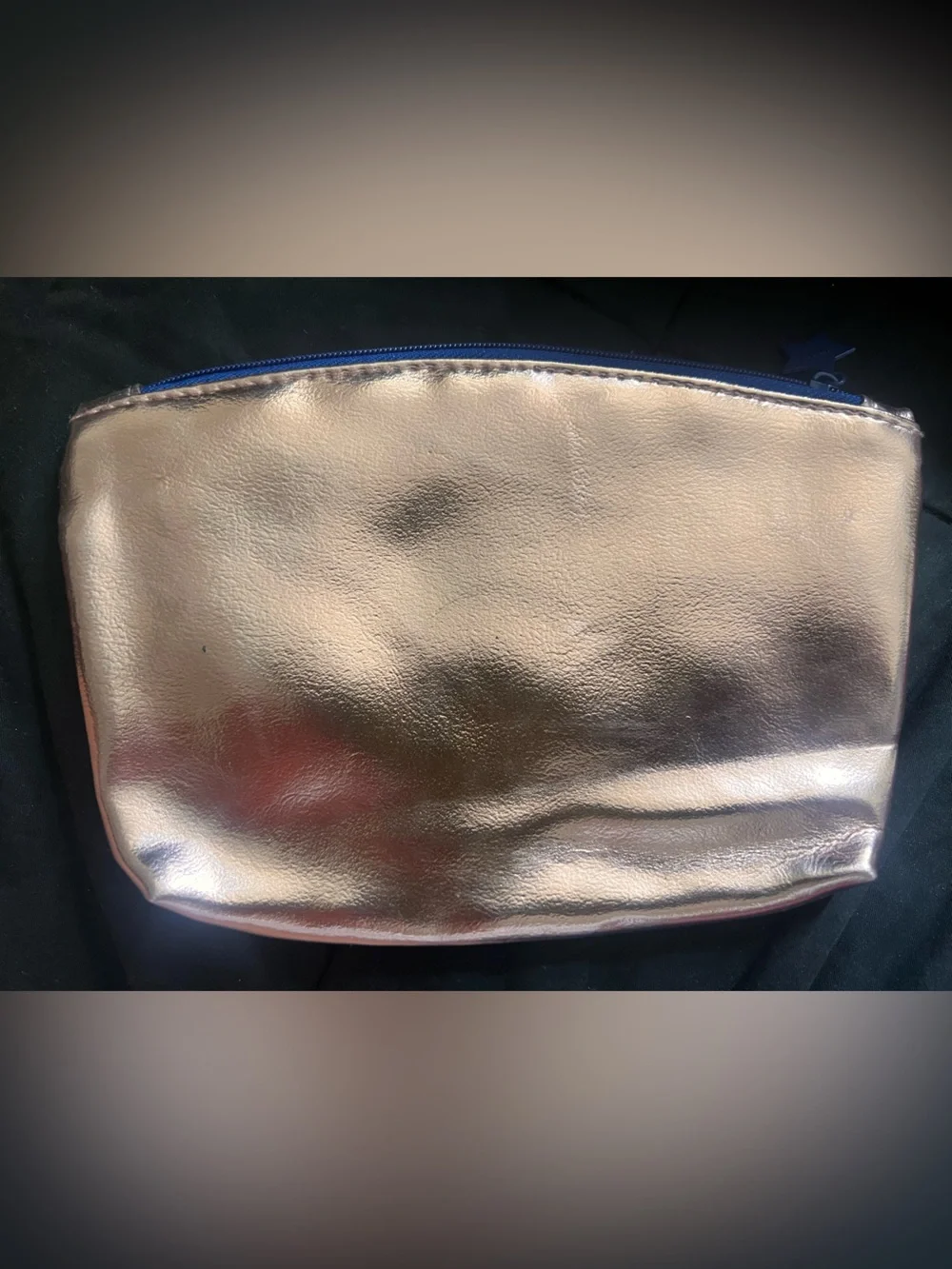ipsy Metallic Rose Gold Cosmetic Pouch with Blue Zipper